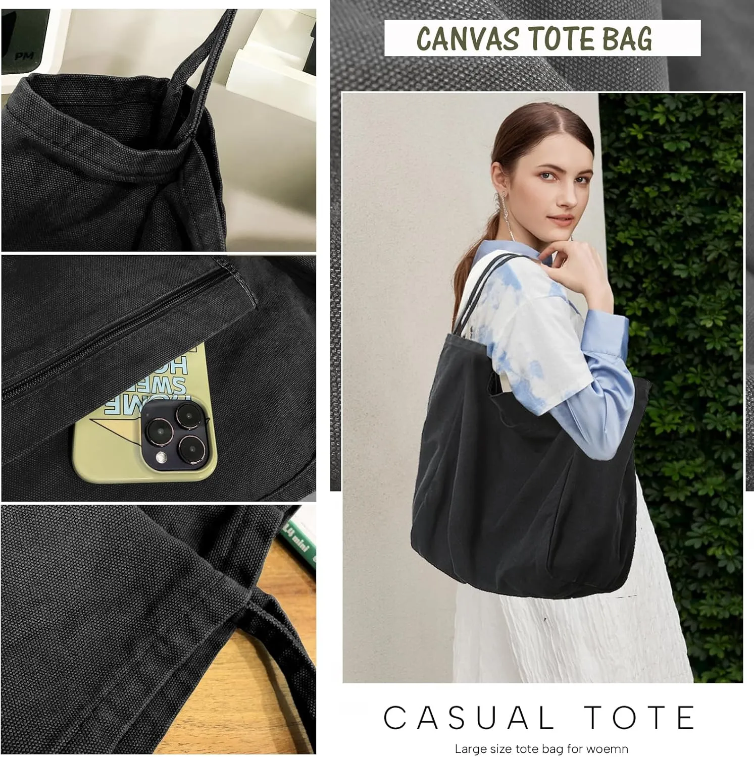 Canvas Tote Bag for Women Large Hobo Shoulder Bag for Work Travel Casual Message Bag Tote Purse handbags