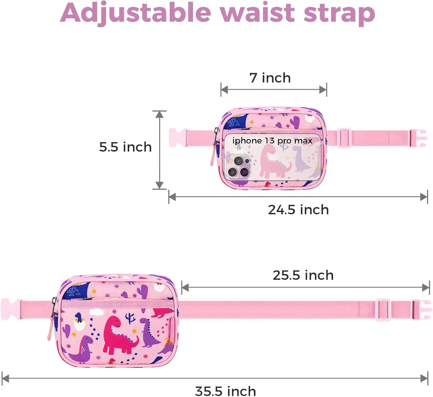 Choco Mocha Toddler Fanny Pack for Girls Kids Fanny Pack 2-4 Years Old Toddler Belt Bag Little Girls Waist Pack, Pink Dinosaur