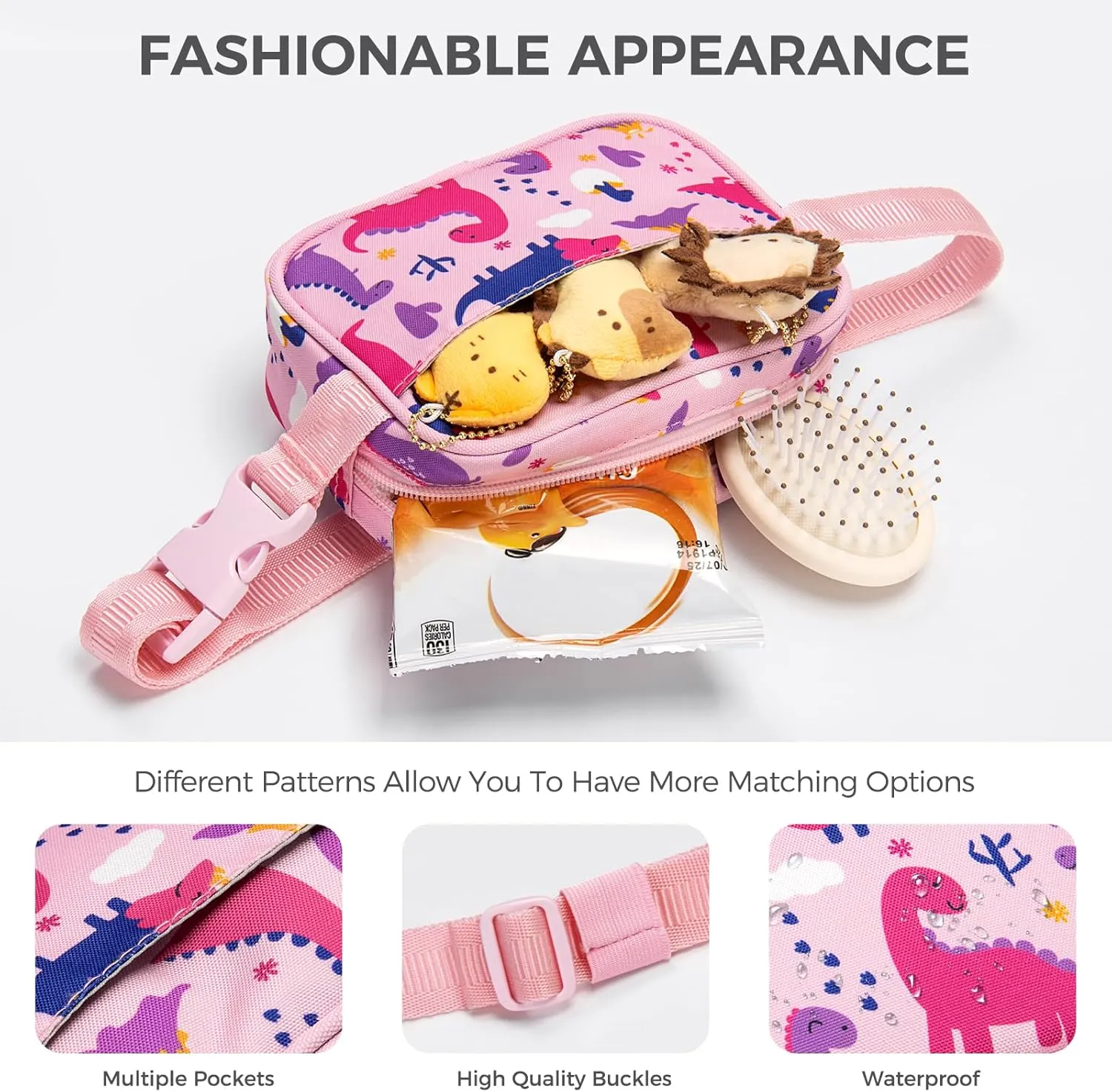 Choco Mocha Toddler Fanny Pack for Girls Kids Fanny Pack 2-4 Years Old Toddler Belt Bag Little Girls Waist Pack, Pink Dinosaur