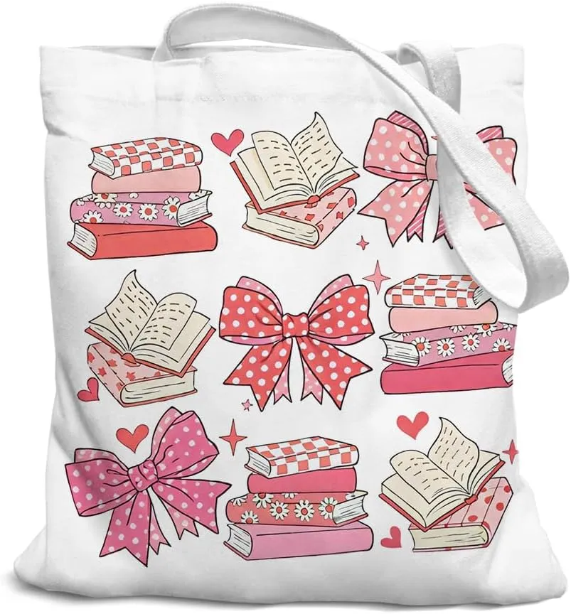 Coquette Pink Dots Bow Book Tote Bag, Book Tote Bag for Book Lovers, Library Book Bag, Book Lovers Gifts, Librarian Gifts, Teacher Gifts, Book Club Gifts, Grocery Bags Reusable Shopping Bags