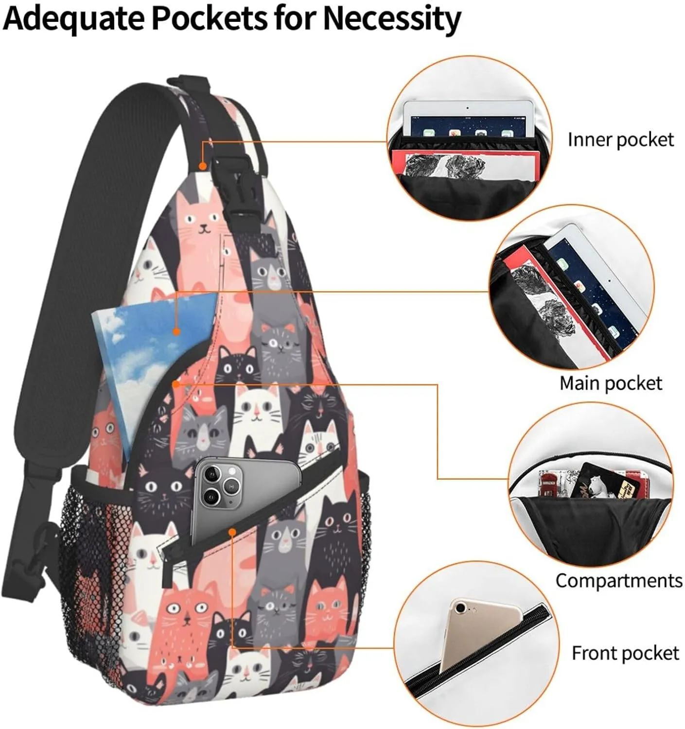 Cute Cats Lovely Kitten Sling Backpack Hiking Backpack Crossbody Bag Sports Lightweight And waterproof Chest Bag Shoulder Bag For Women Men