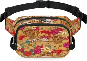 Day Of The Dead Sugar Skull Roses Fanny Pack Durable with Adjustable Belt Main Zippered Pocket Lightweight Waterproof Belt Bag for Travel Sports Workout Hiking Phone Bag