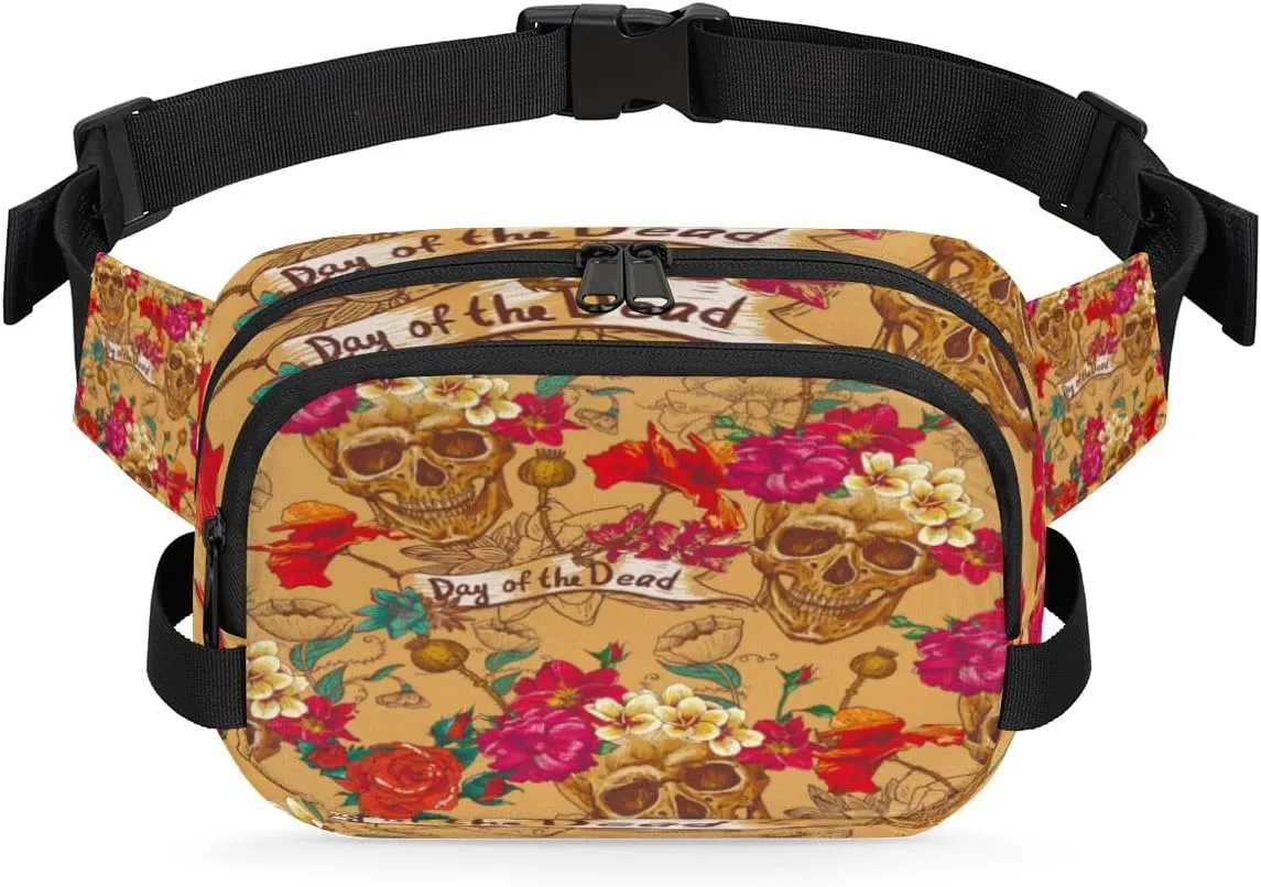Day Of The Dead Sugar Skull Roses Fanny Pack Durable with Adjustable Belt Main Zippered Pocket Lightweight Waterproof Belt Bag for Travel Sports Workout Hiking Phone Bag