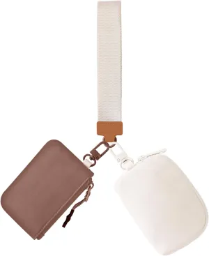 Dual Pouch Wristlet Keychain Wallets for Women with 2 Detachable Zipper Coin Purse - Small and Portable Mini Card Wallet for Women Men Brown Beige