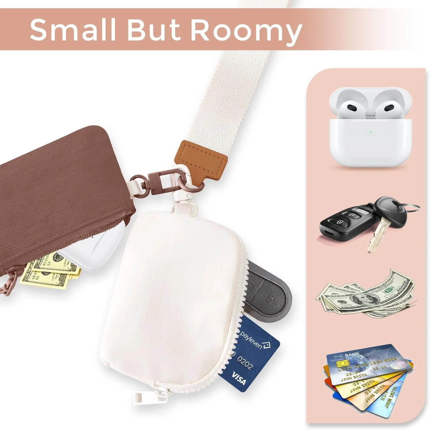 Dual Pouch Wristlet Keychain Wallets for Women with 2 Detachable Zipper Coin Purse - Small and Portable Mini Card Wallet for Women Men Brown Beige