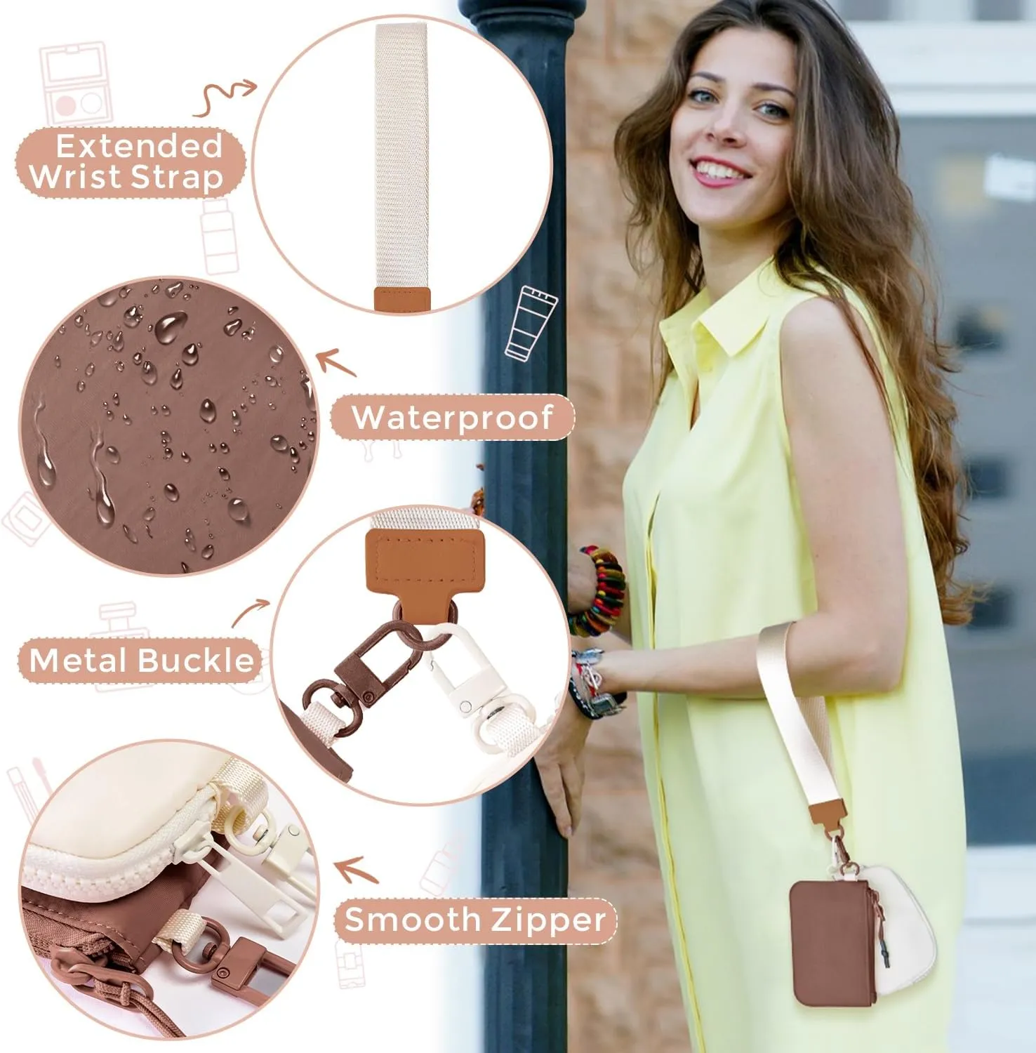 Dual Pouch Wristlet Keychain Wallets for Women with 2 Detachable Zipper Coin Purse - Small and Portable Mini Card Wallet for Women Men Brown Beige