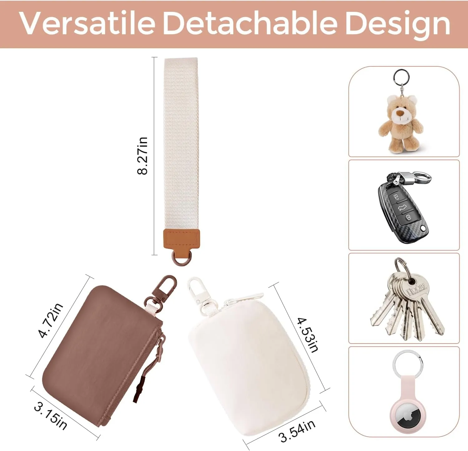 Dual Pouch Wristlet Keychain Wallets for Women with 2 Detachable Zipper Coin Purse - Small and Portable Mini Card Wallet for Women Men Brown Beige