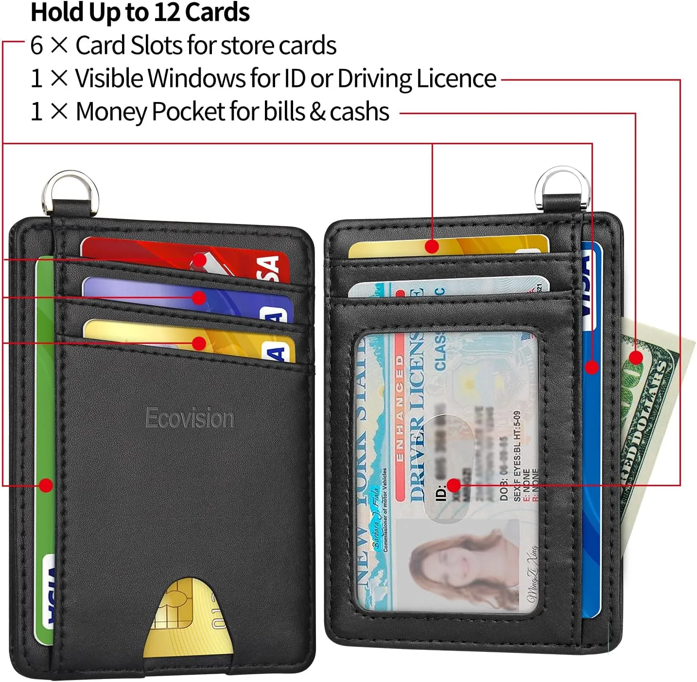 EcoVision Slim Minimalist Front Pocket Wallet, RFID Blocking Credit Card Holder Wallet with Detachable D-Shackle for Men Women