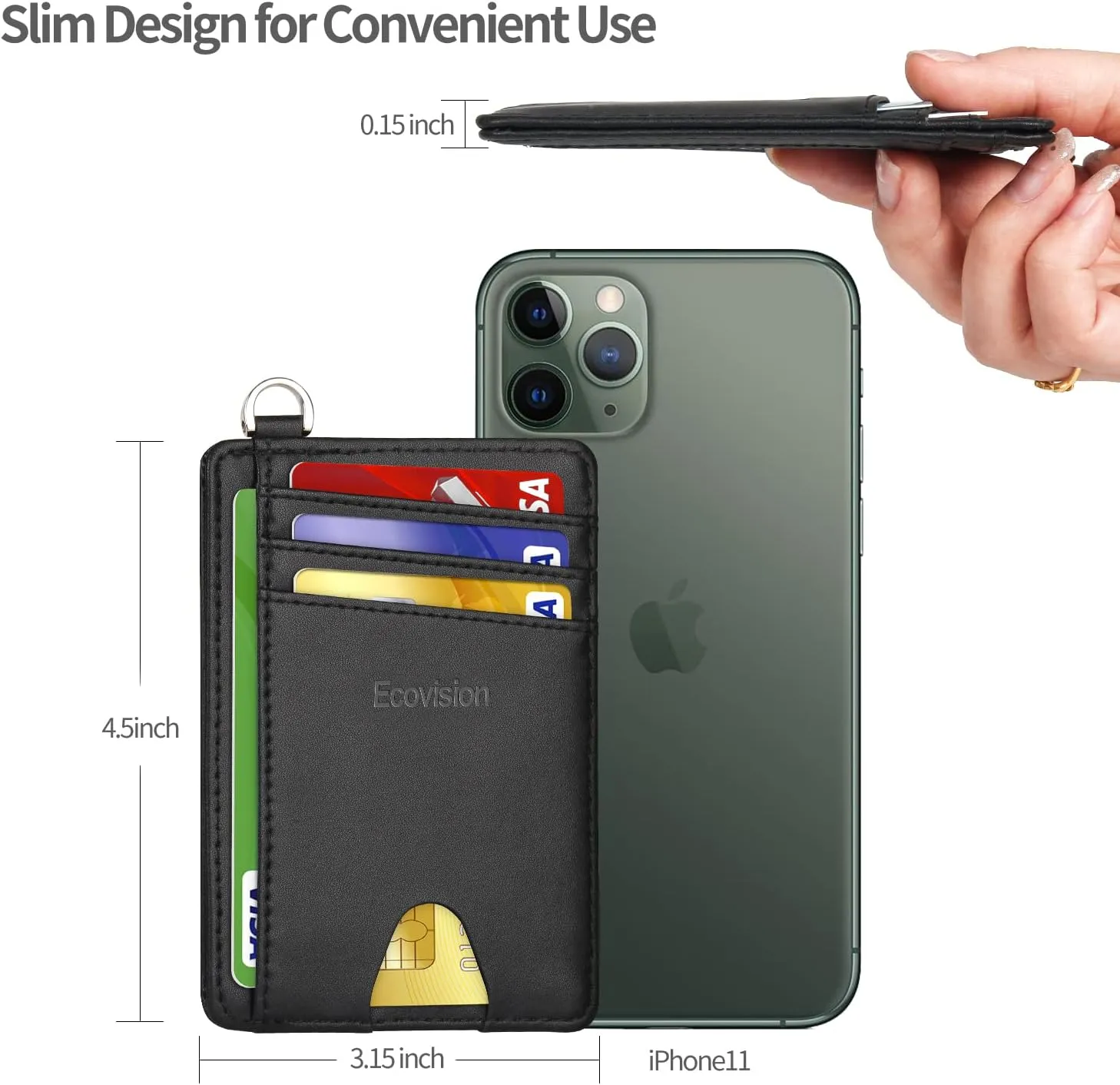 EcoVision Slim Minimalist Front Pocket Wallet, RFID Blocking Credit Card Holder Wallet with Detachable D-Shackle for Men Women