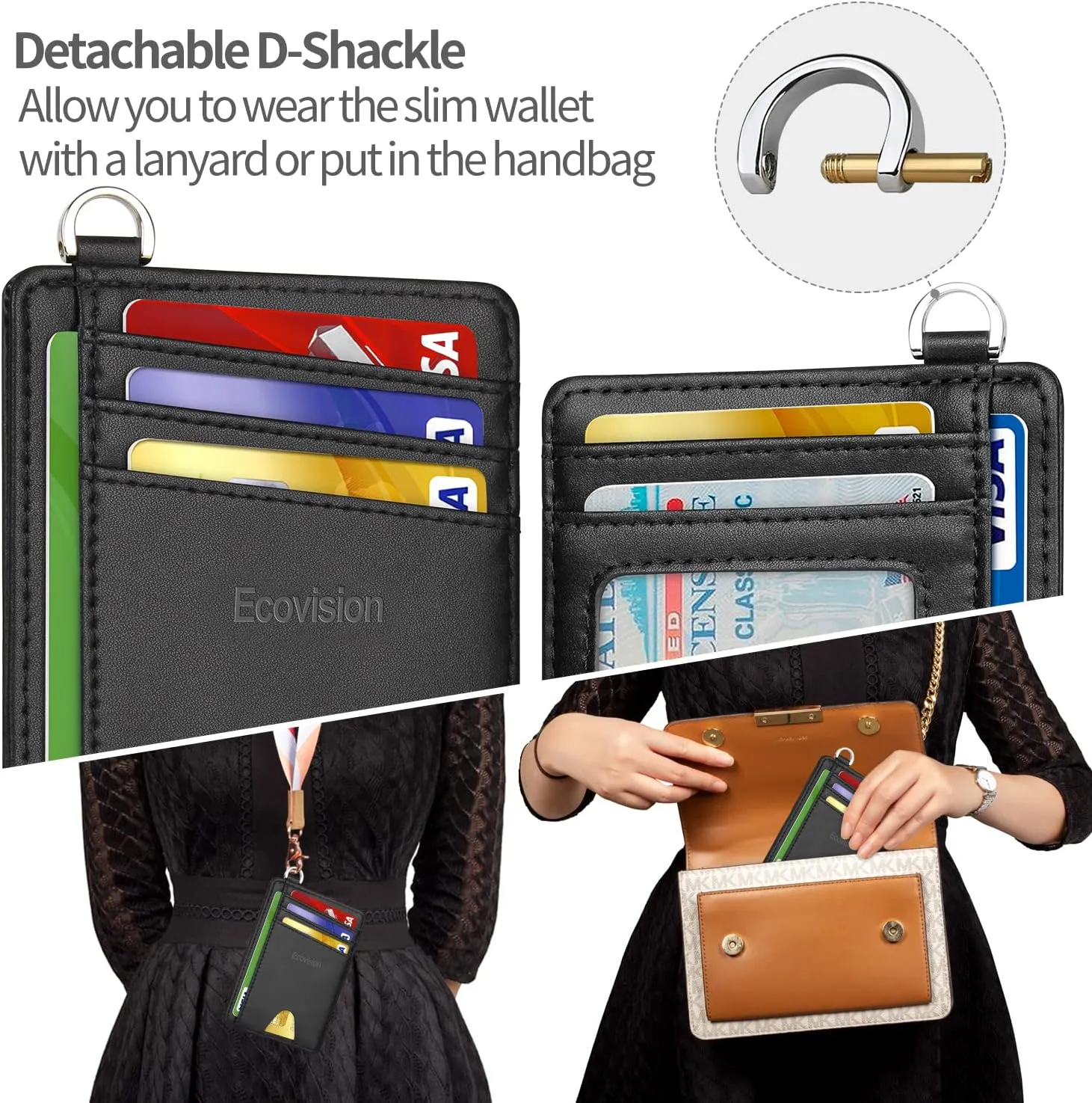 EcoVision Slim Minimalist Front Pocket Wallet, RFID Blocking Credit Card Holder Wallet with Detachable D-Shackle for Men Women