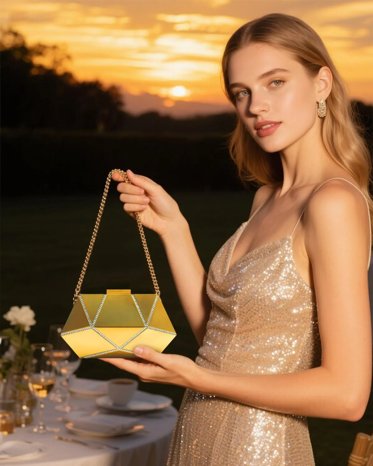 Evening Clutch Purse for Women Formal, Metallic Evening Handbags Metal Chain Shoulder Bag, Rhinestone Purse