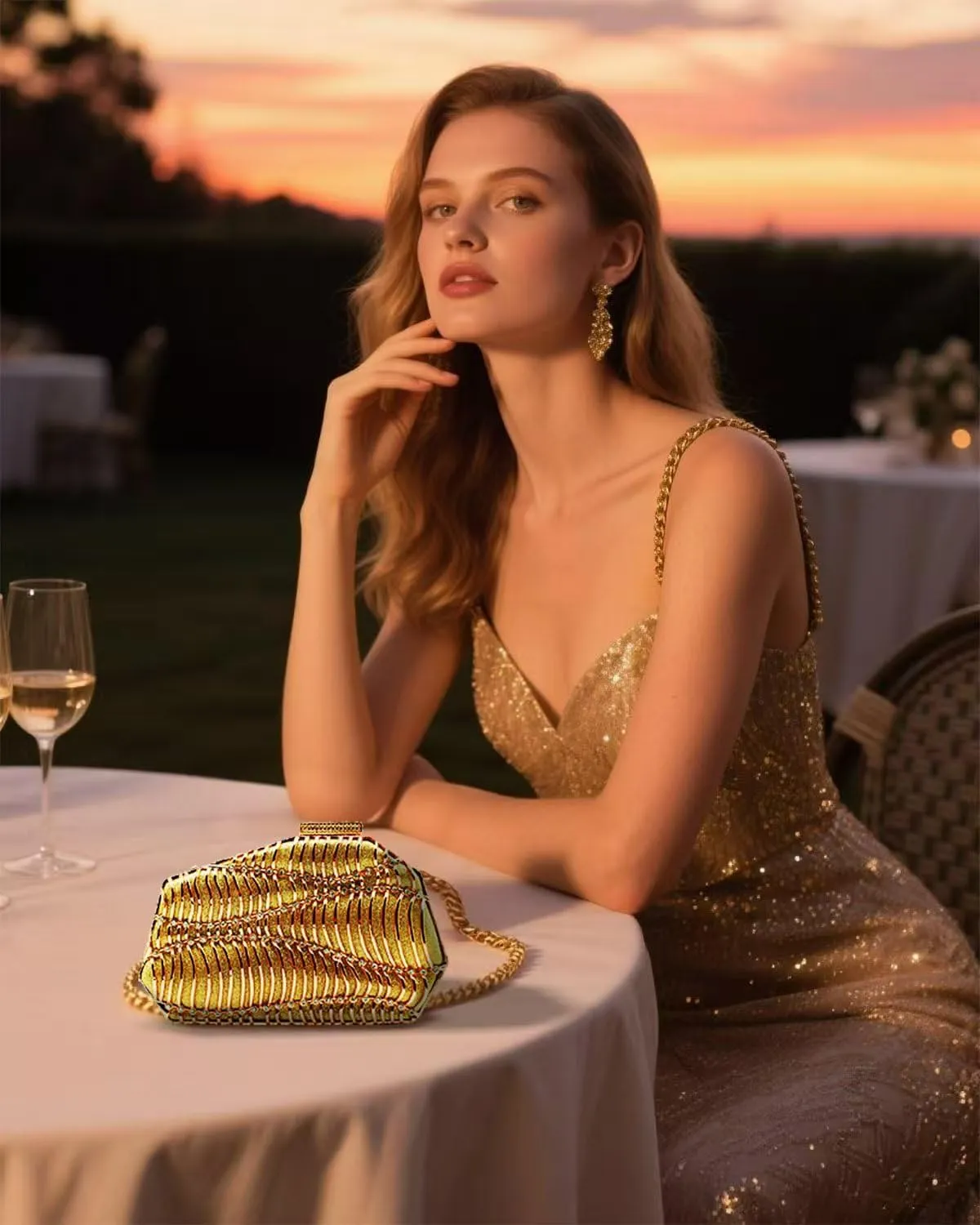 Evening Clutch Purse for Women Formal, Metallic Evening Handbags Metal Chain Shoulder Bag, Rhinestone Purse