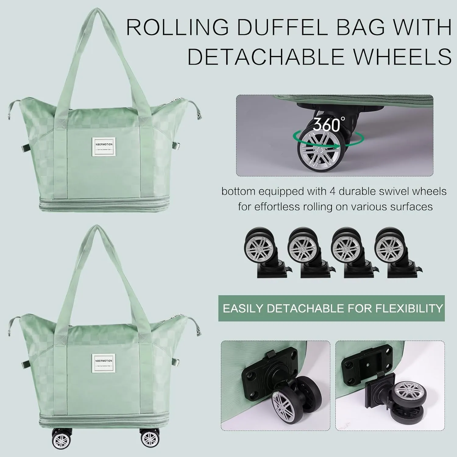 Expandable Rolling Duffle Bag - Large Carry-On With Spinner Wheels, Foldable Weekend Travel Bag, 28-58L Capacity(Green)