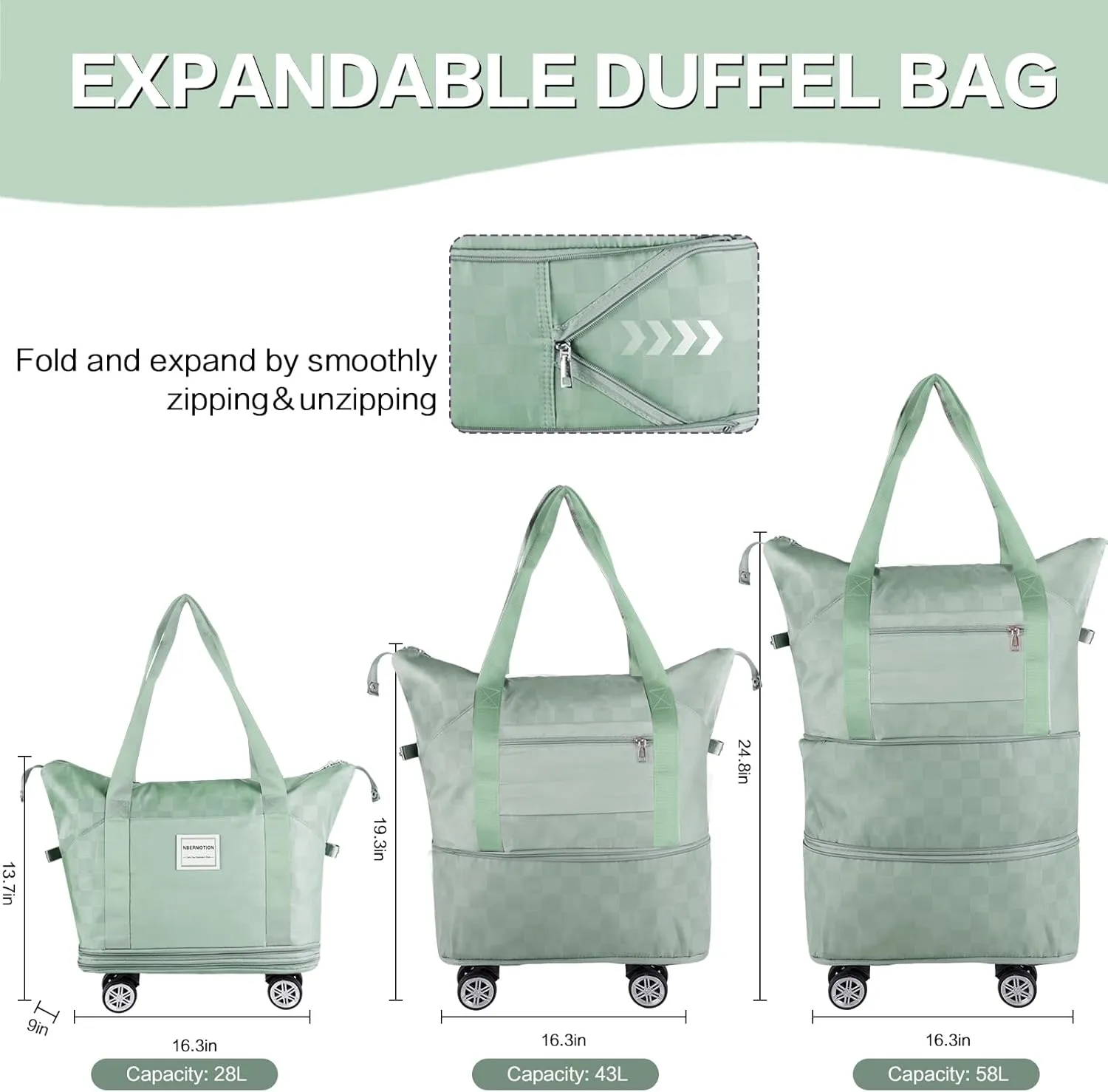 Expandable Rolling Duffle Bag - Large Carry-On With Spinner Wheels, Foldable Weekend Travel Bag, 28-58L Capacity(Green)