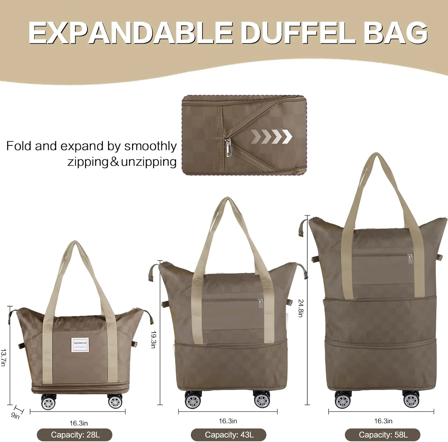 Expandable Rolling Duffle Bag - Large Carry-On With Spinner Wheels, Foldable Weekend Travel Bag, 28-58L Capacity(Khaki)