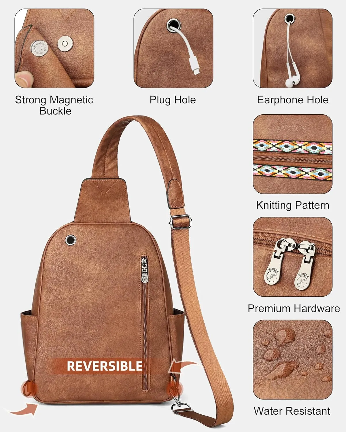 FADEON Sling Bag for Women Large Crossbody Purse Sling Backpack PU Leather Designer Anti Theft Sling Bags 4 RFID Card Slot
