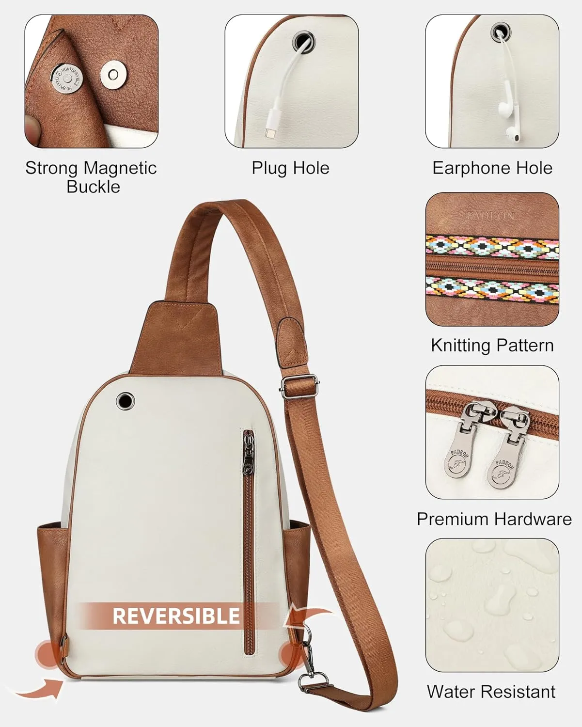 FADEON Sling Bag for Women Large Crossbody Purse Sling Backpack PU Leather Designer Anti Theft Sling Bags 4 RFID Card Slot