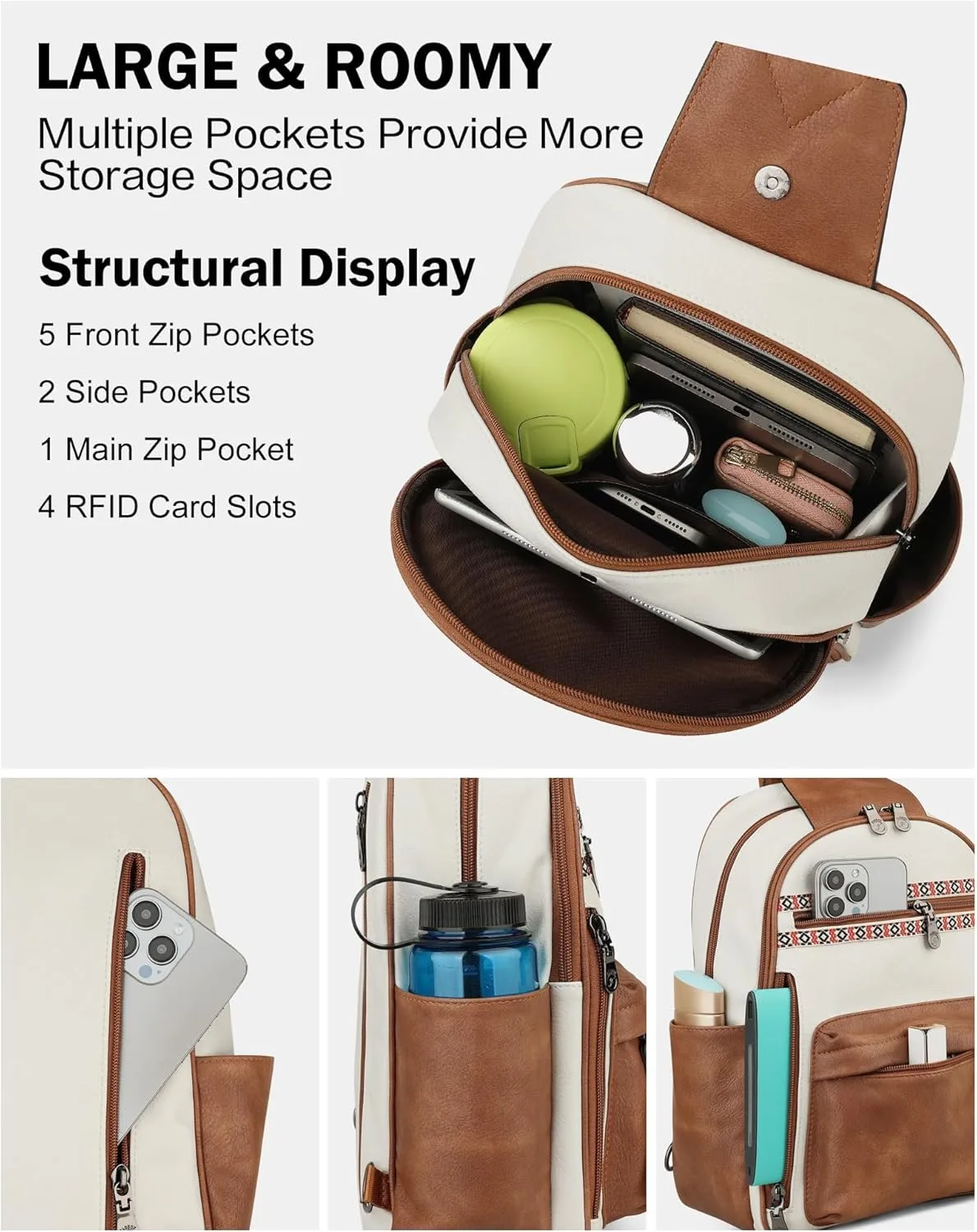 FADEON Sling Bag for Women Large Crossbody Purse Sling Backpack PU Leather Designer Anti Theft Sling Bags 4 RFID Card Slot