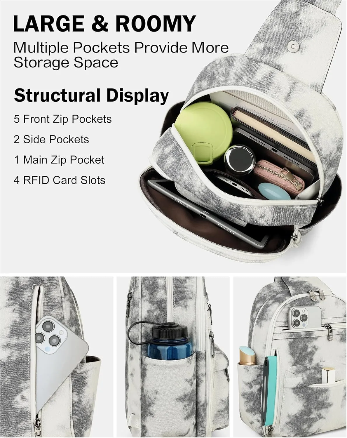 FADEON Sling Bag for Women Large Crossbody Purse Sling Backpack PU Leather Designer Anti Theft Sling Bags 4 RFID Card Slot