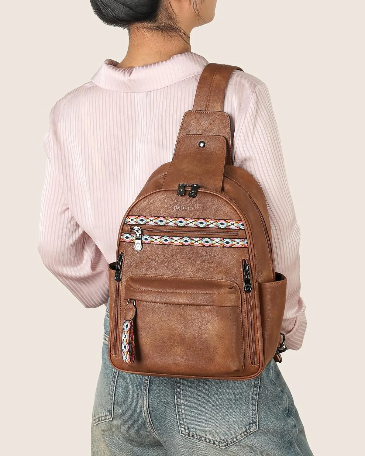 FADEON Sling Bag for Women Large Crossbody Purse Sling Backpack PU Leather Designer Anti Theft Sling Bags 4 RFID Card Slot