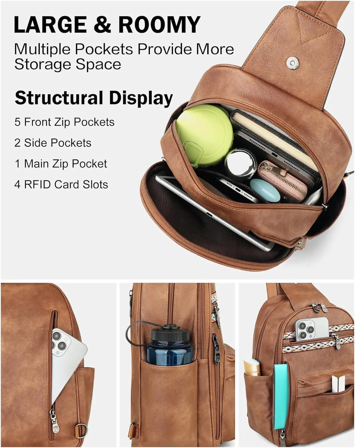 FADEON Sling Bag for Women Large Crossbody Purse Sling Backpack PU Leather Designer Anti Theft Sling Bags 4 RFID Card Slot