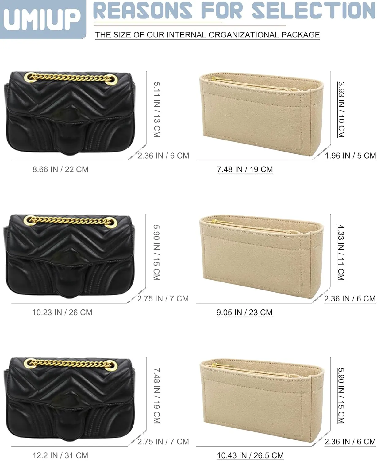 Felt Insert Purse Organizer with Zipper fit GG Marmont Matelasse Shoulder Bag, Small Handbag Organizer Liner Pouch for Women Inner Bladder Bag Storage (BEIGE, MEDIUM)