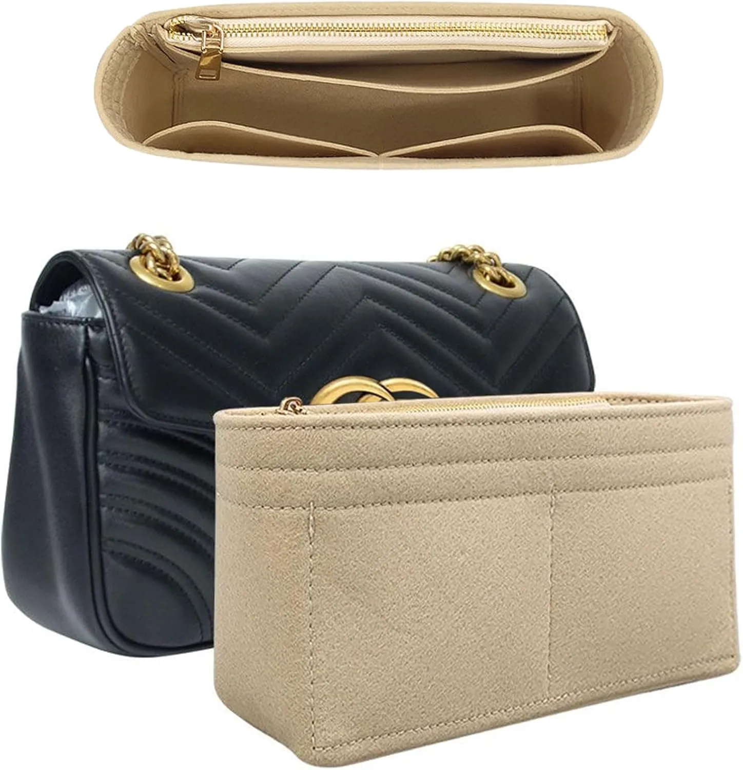 Felt Insert Purse Organizer with Zipper fit GG Marmont Matelasse Shoulder Bag, Small Handbag Organizer Liner Pouch for Women Inner Bladder Bag Storage (BEIGE, MEDIUM)
