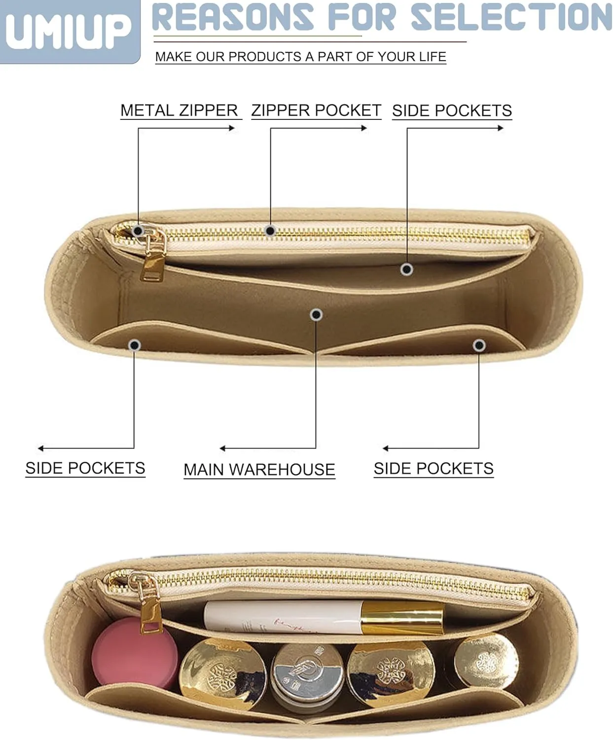 Felt Insert Purse Organizer with Zipper fit GG Marmont Matelasse Shoulder Bag, Small Handbag Organizer Liner Pouch for Women Inner Bladder Bag Storage (BEIGE, MEDIUM)