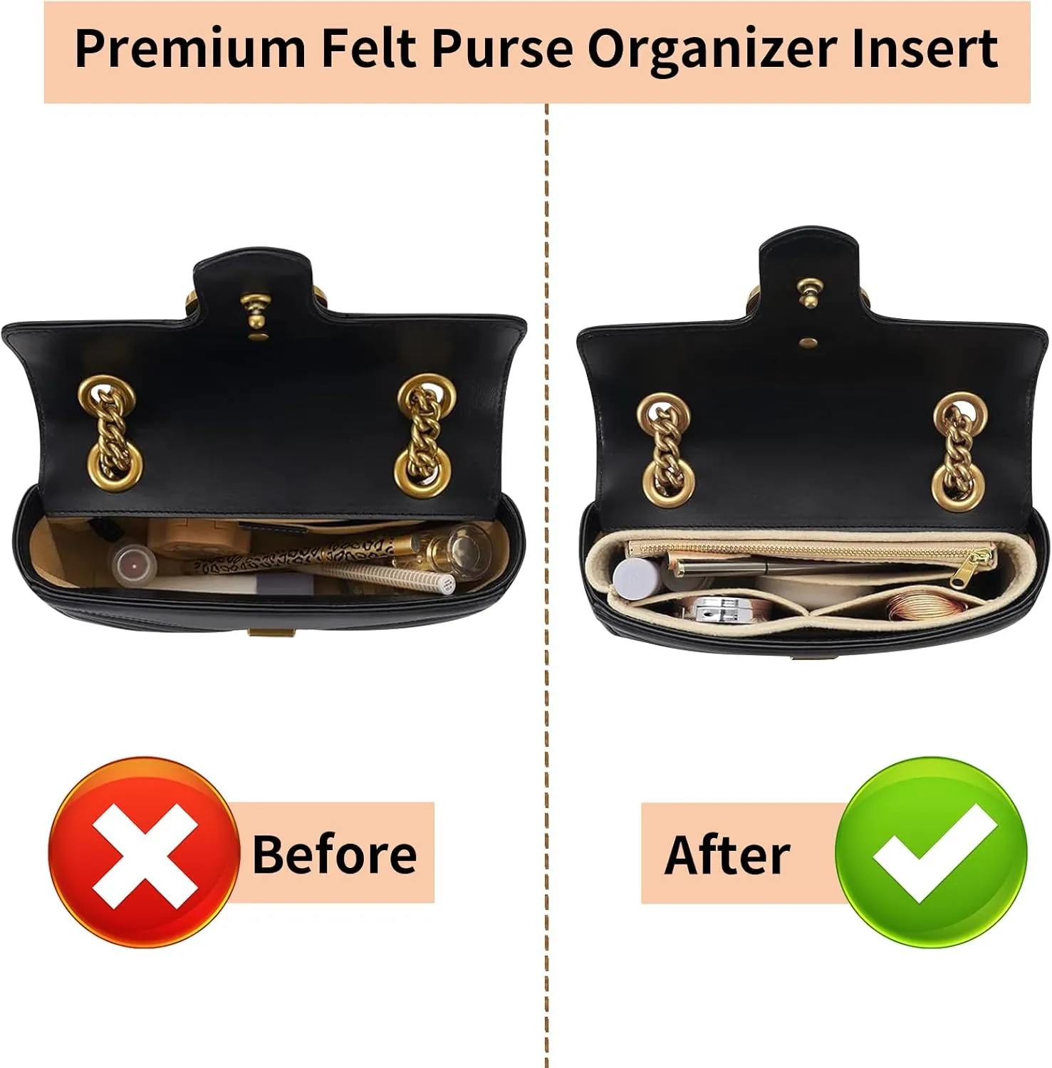 Felt Insert Purse Organizer with Zipper, GG Marmont Matelasse Shoulder Bag Liner Pouch for Women, Inner Bladder Storage Bag (Medium, Beige)