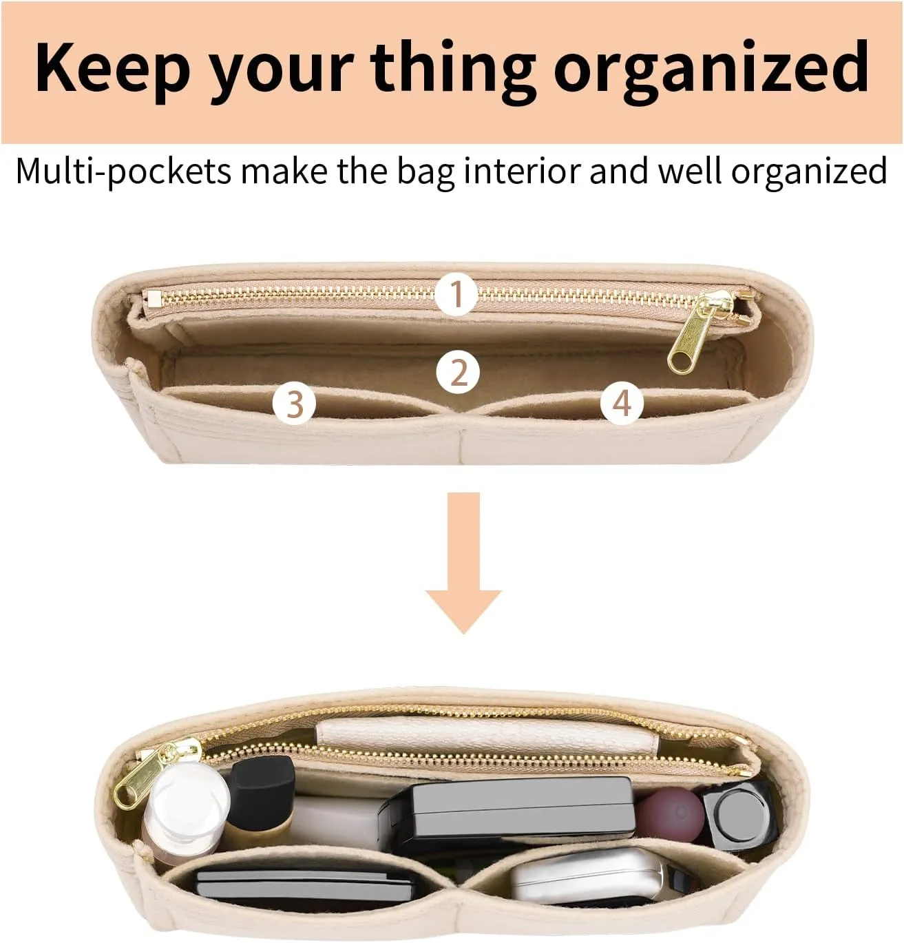 Felt Insert Purse Organizer with Zipper, GG Marmont Matelasse Shoulder Bag Liner Pouch for Women, Inner Bladder Storage Bag (Medium, Beige)