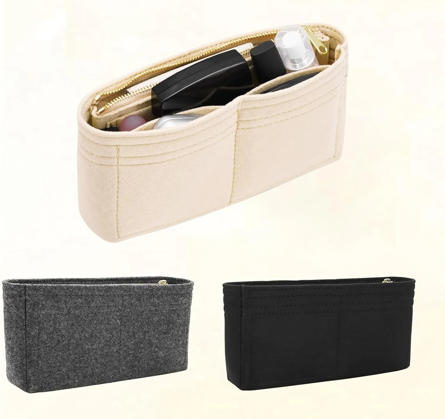 Felt Insert Purse Organizer with Zipper, GG Marmont Matelasse Shoulder Bag Liner Pouch for Women, Inner Bladder Storage Bag (Medium, Beige)
