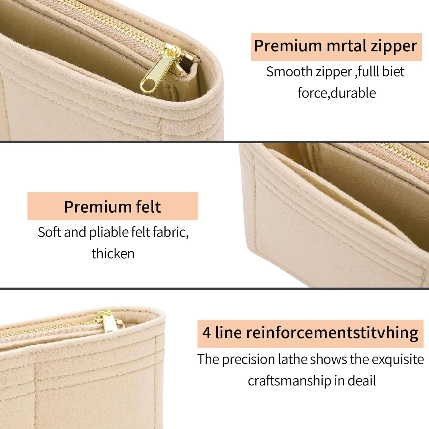 Felt Insert Purse Organizer with Zipper, GG Marmont Matelasse Shoulder Bag Liner Pouch for Women, Inner Bladder Storage Bag (Medium, Beige)