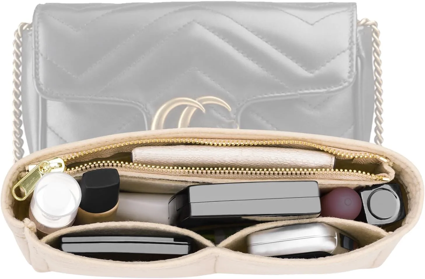 Felt Insert Purse Organizer with Zipper, GG Marmont Matelasse Shoulder Bag Liner Pouch for Women Inner Bladder Storage Bag (Small, Beige)