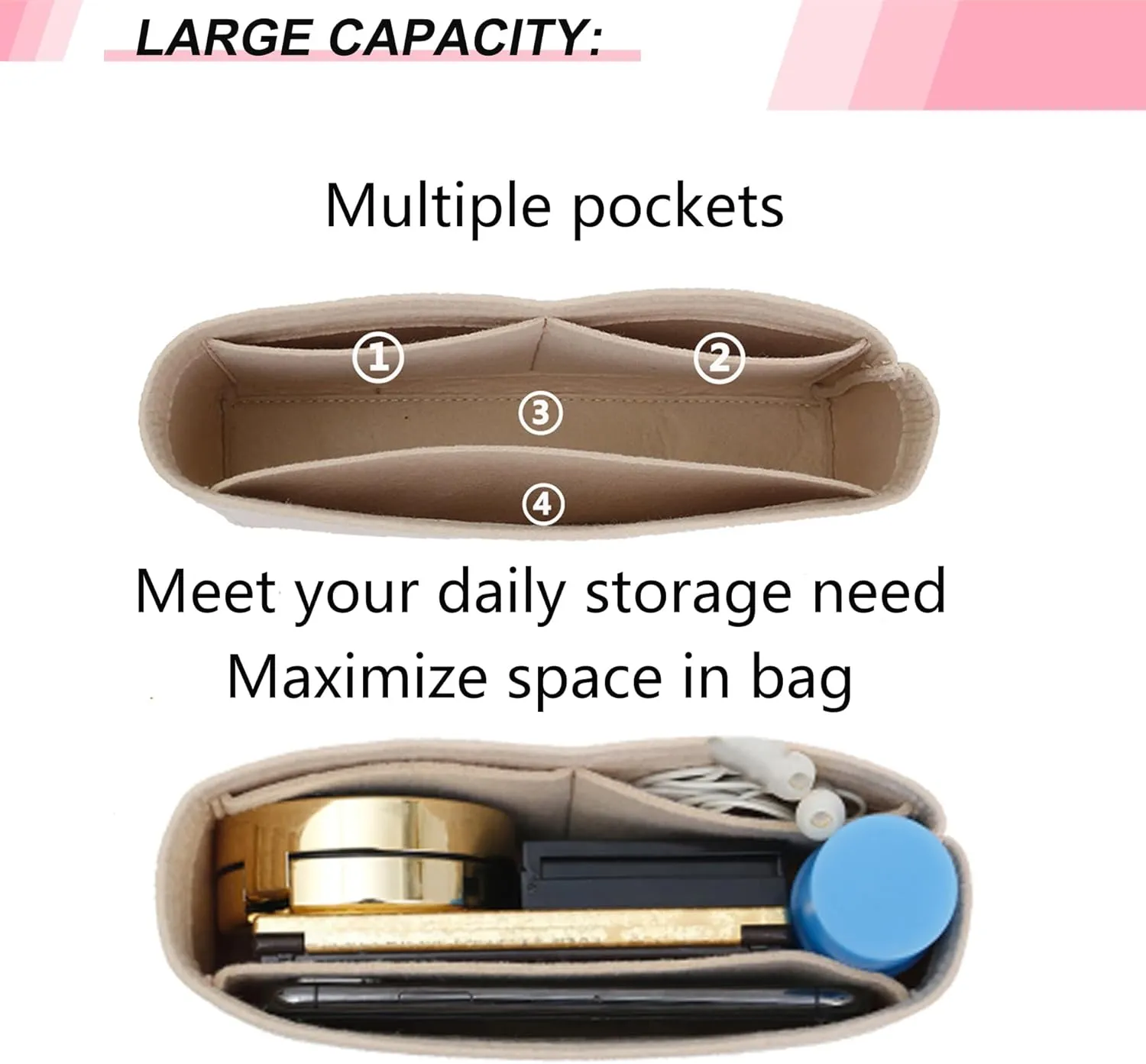 Felt Purse Organizer Insert for GG Marmont Matelasse Small Shoulder Bag and More, Handbag Tote Organizer Liner Pouch for Women Bag(Beige,Small)