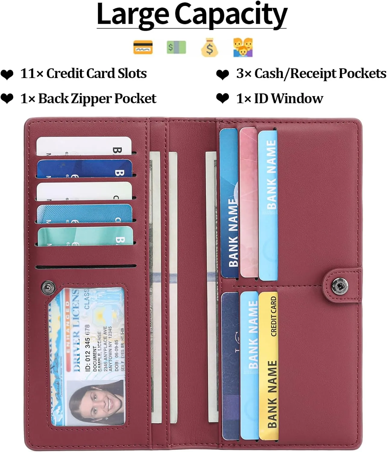 GAEKEAO Wallets for Women Ultra Slim Thin PU Leather RFID Blocking Credit Card Holder Bifold Long Ladies Wallet Billfold Clutch