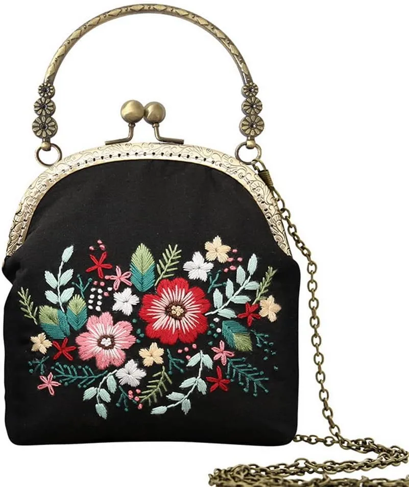 Gogobear Embroidery Coin Purse Kits for Beginners Adults Handmade DIY Embroidered Clutch Wallet Purse with All Supplies Black Flowers