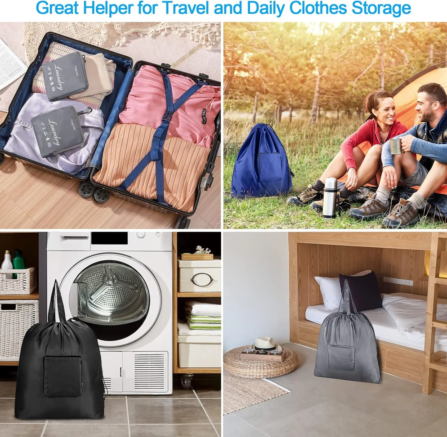 GOGOODA Travel Laundry Bags with Drawstring Closure XL Large Foldable Dirty Clothes bags with Handle Heavy Duty and Washable for College Dorm Travelling Camping, 2 Pack, Black & Grey