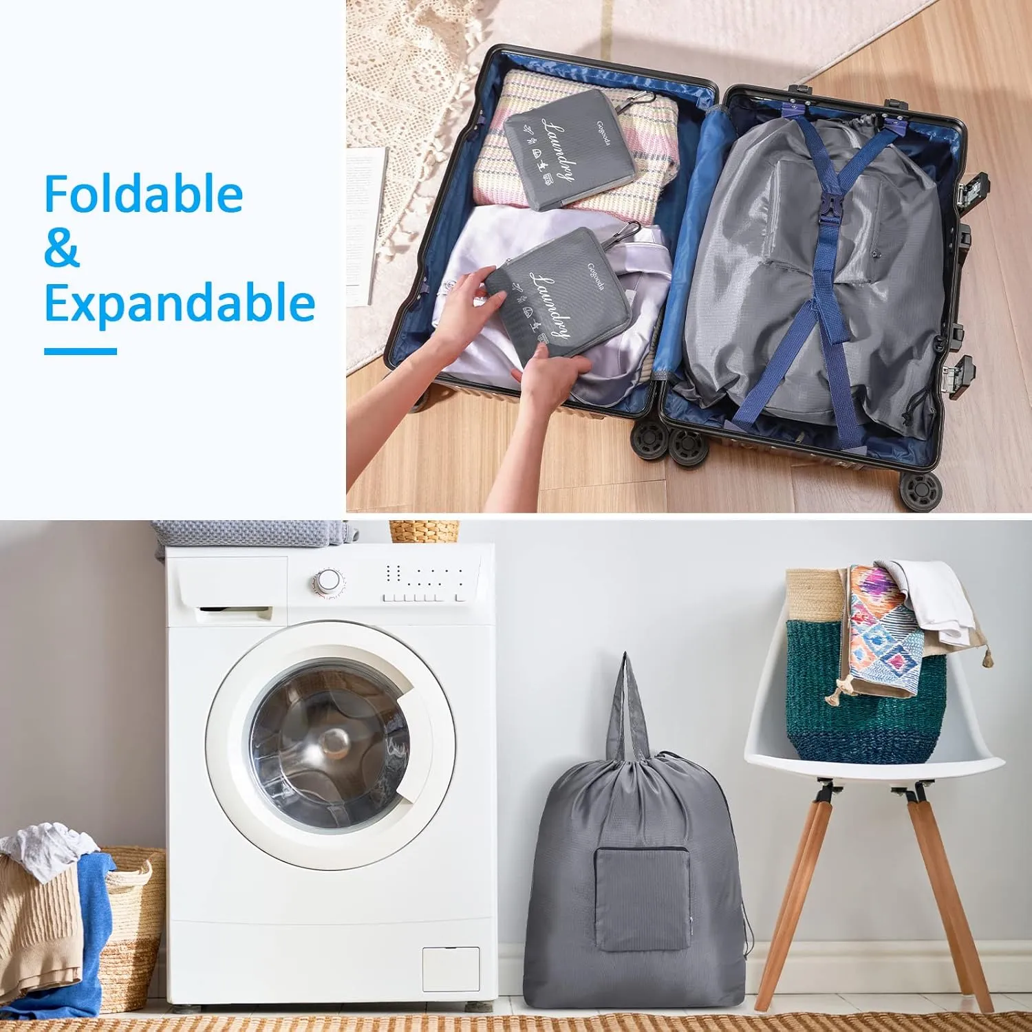 GOGOODA Travel Laundry Bags with Drawstring Closure XL Large Foldable Dirty Clothes bags with Handle Heavy Duty and Washable for College Dorm Travelling Camping, 2 Pack, Black & Grey