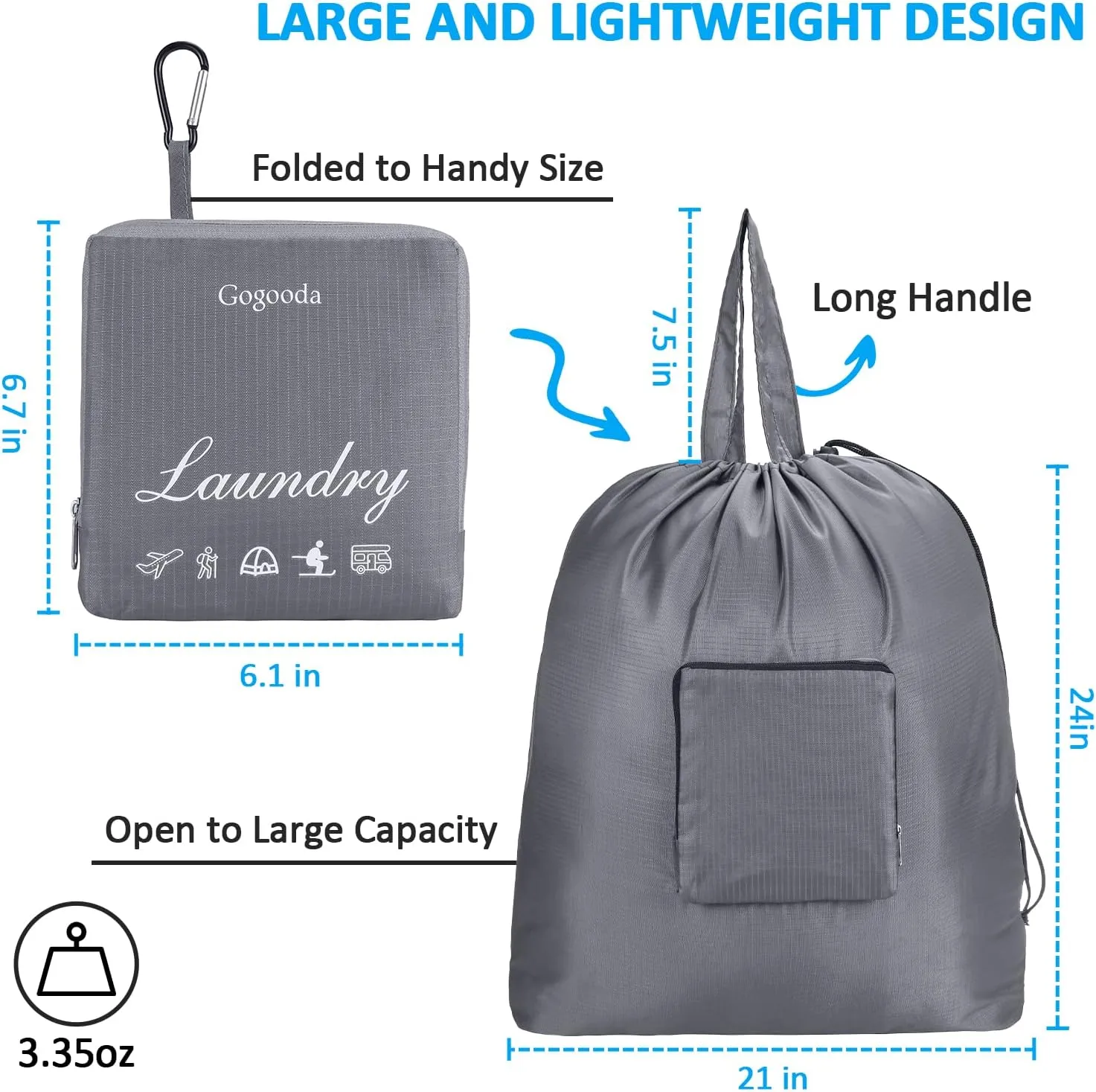 GOGOODA Travel Laundry Bags with Drawstring Closure XL Large Foldable Dirty Clothes bags with Handle Heavy Duty and Washable for College Dorm Travelling Camping, 2 Pack, Dark Blue & Grey