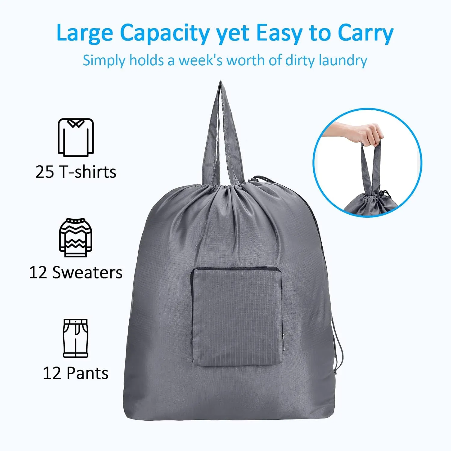 GOGOODA Travel Laundry Bags with Drawstring Closure XL Large Foldable Dirty Clothes bags with Handle Heavy Duty and Washable for College Dorm Travelling Camping, 2 Pack, Dark Blue & Grey