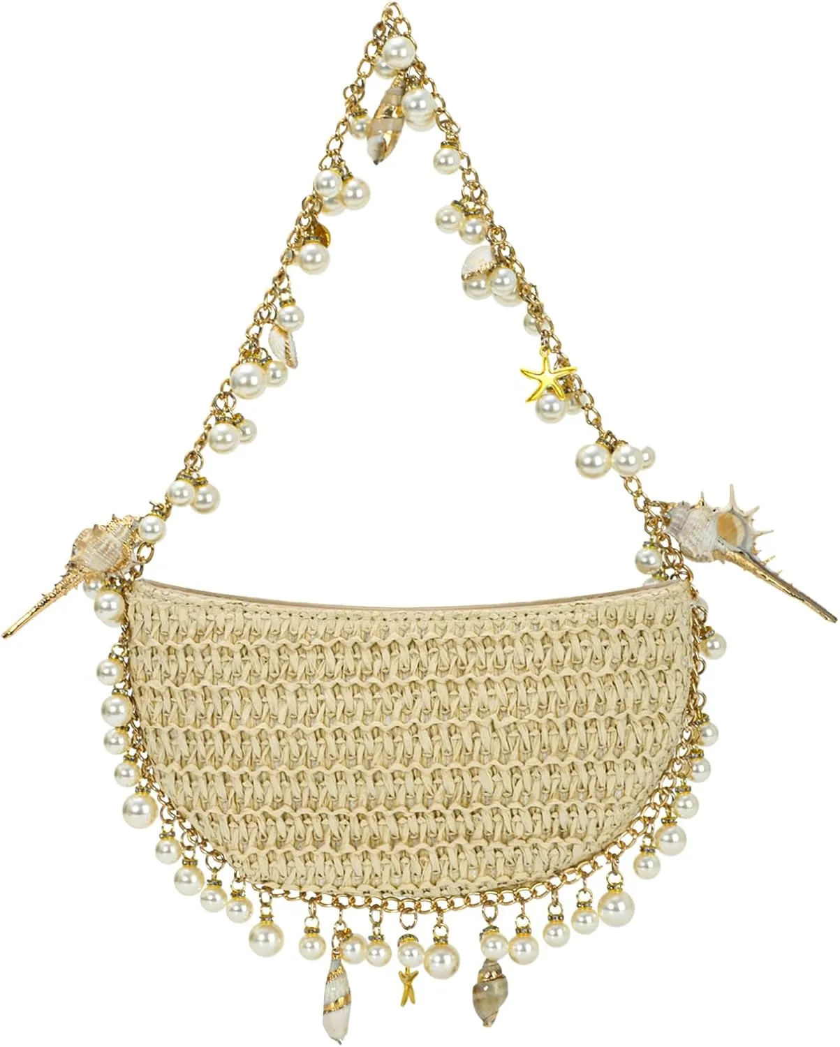 GOKTOW Handwoven Straw Beach Clutch Purse with Pearl Shell Decor - Summer Wedding Vacation Boho Bag for Women