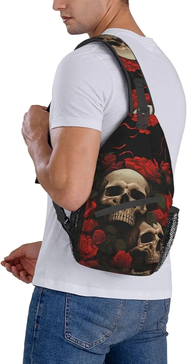 Gothic Rose Blood Skull Sling Backpack Hiking Backpack Crossbody Bag Sports Lightweight And waterproof Chest Bag Shoulder Bag For Women Men