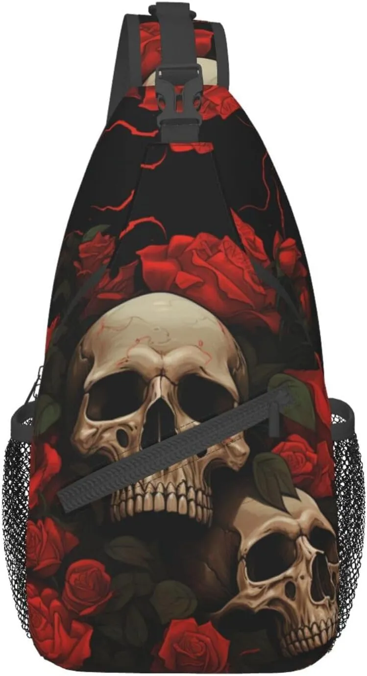 Gothic Rose Blood Skull Sling Backpack Hiking Backpack Crossbody Bag Sports Lightweight And waterproof Chest Bag Shoulder Bag For Women Men