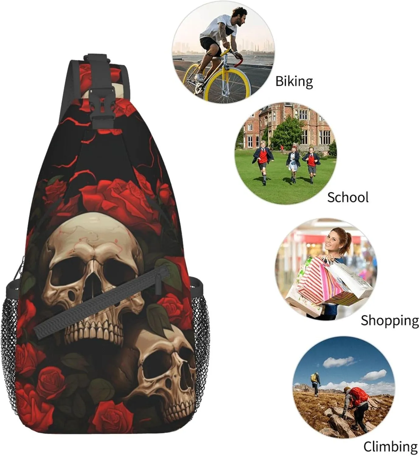 Gothic Rose Blood Skull Sling Backpack Hiking Backpack Crossbody Bag Sports Lightweight And waterproof Chest Bag Shoulder Bag For Women Men