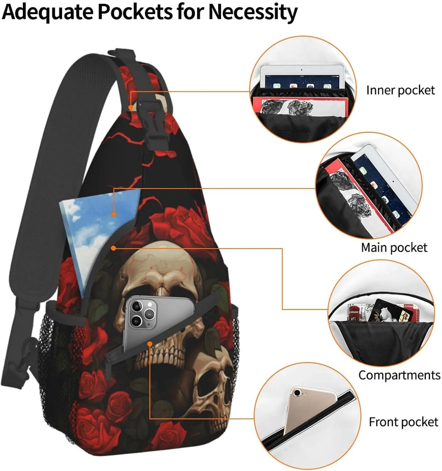Gothic Rose Blood Skull Sling Backpack Hiking Backpack Crossbody Bag Sports Lightweight And waterproof Chest Bag Shoulder Bag For Women Men