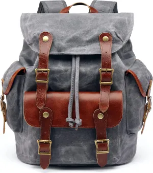 HuaChen Vintage Waxed Canvas Leather Backpack for Men, Military Tactical Army Camping Rucksack for Travel
