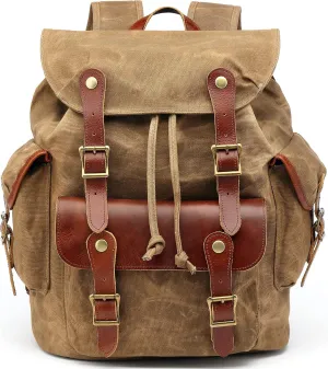 HuaChen Vintage Waxed Canvas Leather Backpack for Men, Military Tactical Army Camping Rucksack for Travel