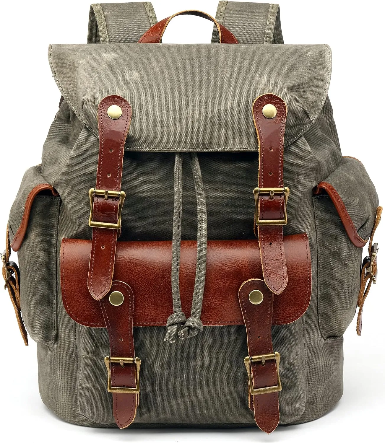 HuaChen Vintage Waxed Canvas Leather Backpack for Men, Military Tactical Army Camping Rucksack for Travel