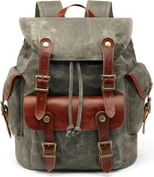HuaChen Vintage Waxed Canvas Leather Backpack for Men, Military Tactical Army Camping Rucksack for Travel