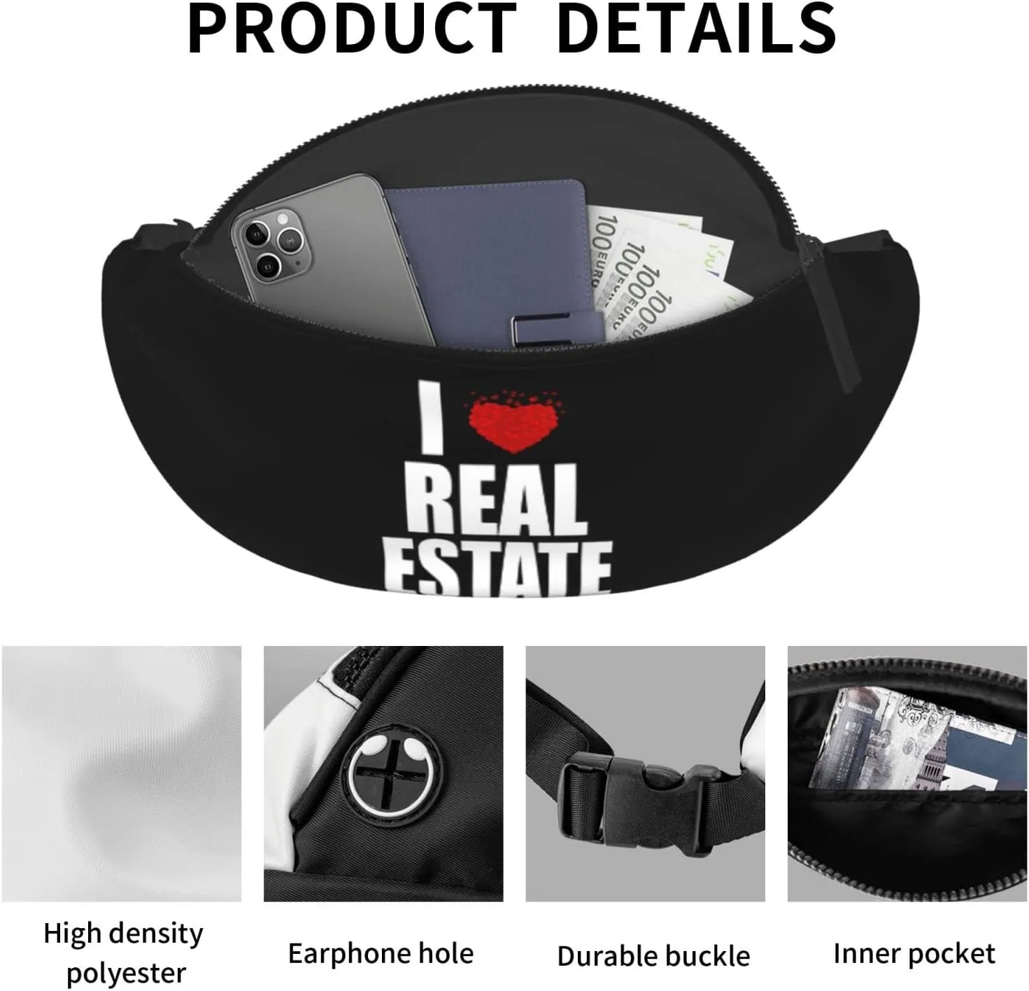 I Love Real Estate Waist Bag Men's and Women's Adjustable Travel Chest Pack Outdoor Running Waist Bag